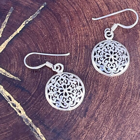 Filigree Mandala dangle Earrings Sterling silver scroll - Picture 2 of 5